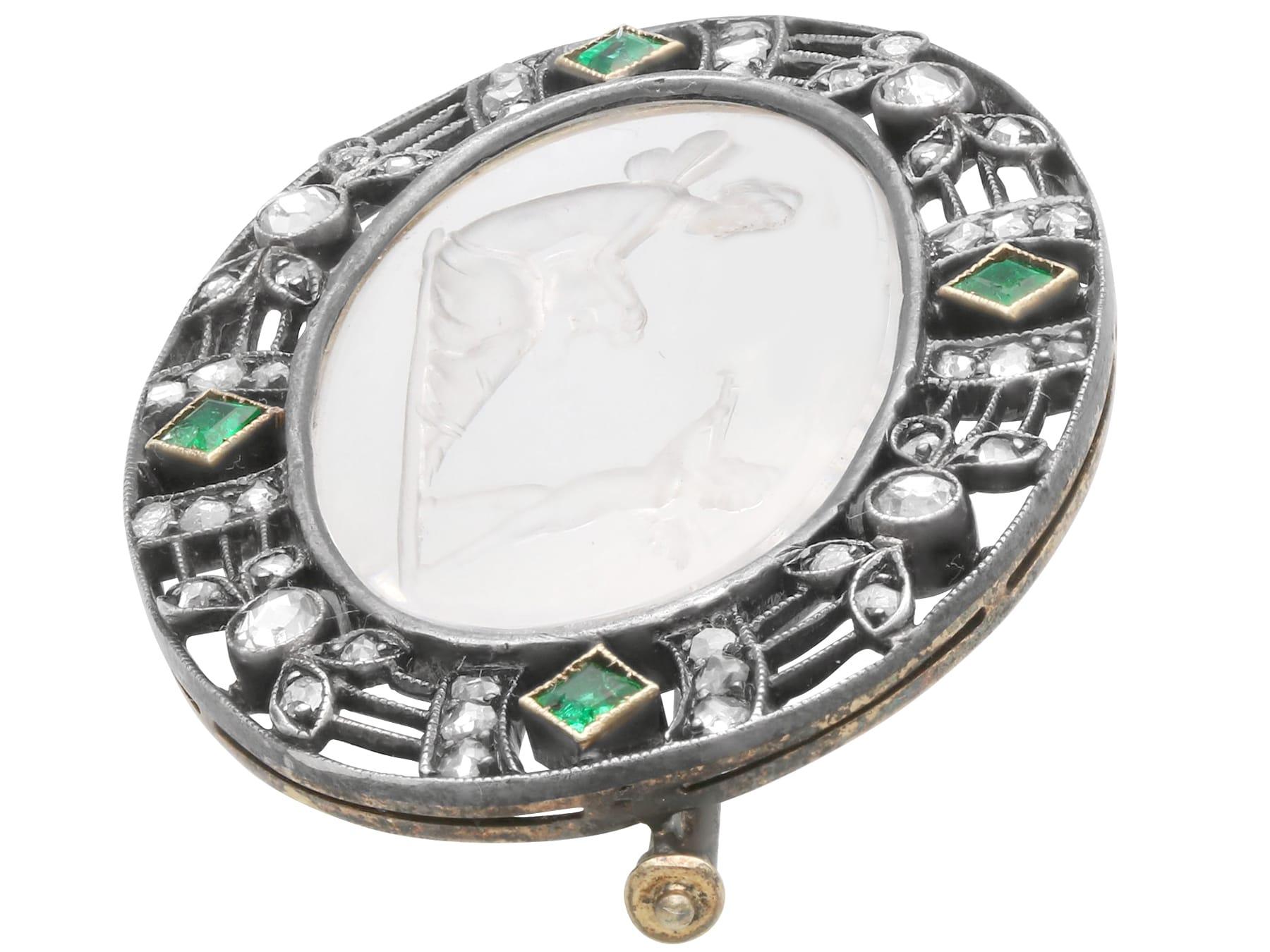Women's or Men's Antique Crystal, 0.14 Carat Emerald, 0.58 Carat Diamond 18k Yellow Gold Brooch For Sale