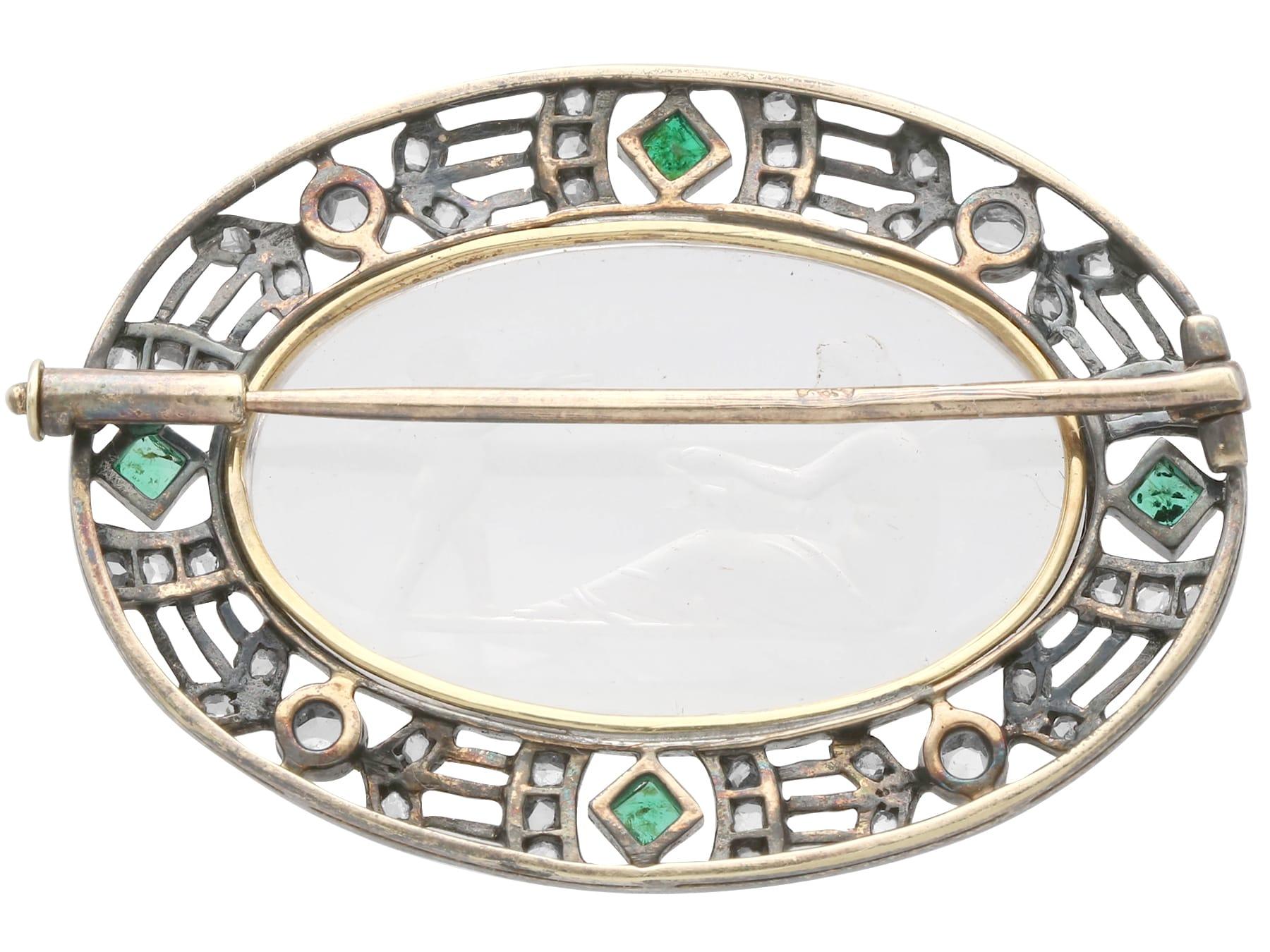 Antique Crystal, 0.14 Carat Emerald, 0.58 Carat Diamond 18k Yellow Gold Brooch For Sale 1