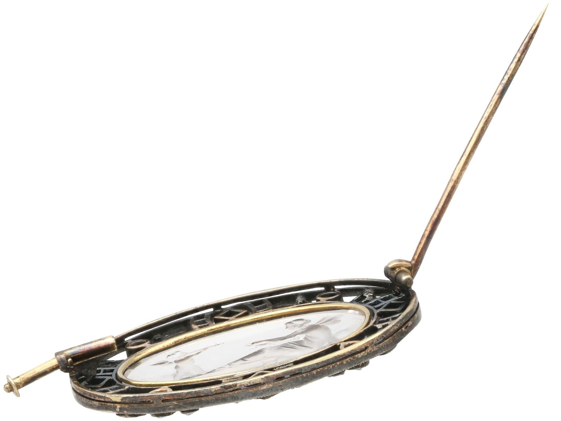 Antique Crystal, 0.14 Carat Emerald, 0.58 Carat Diamond 18k Yellow Gold Brooch For Sale 2