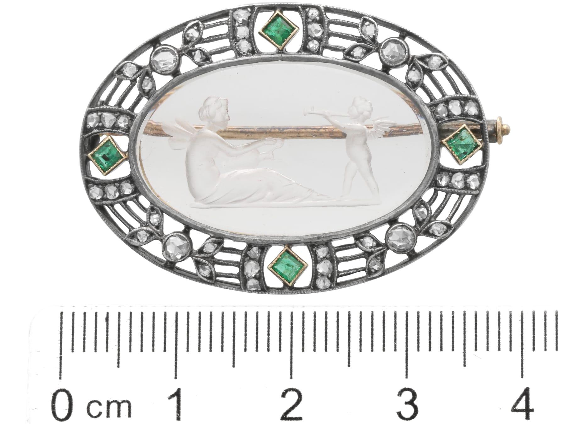 Antique Crystal, 0.14 Carat Emerald, 0.58 Carat Diamond 18k Yellow Gold Brooch For Sale 3