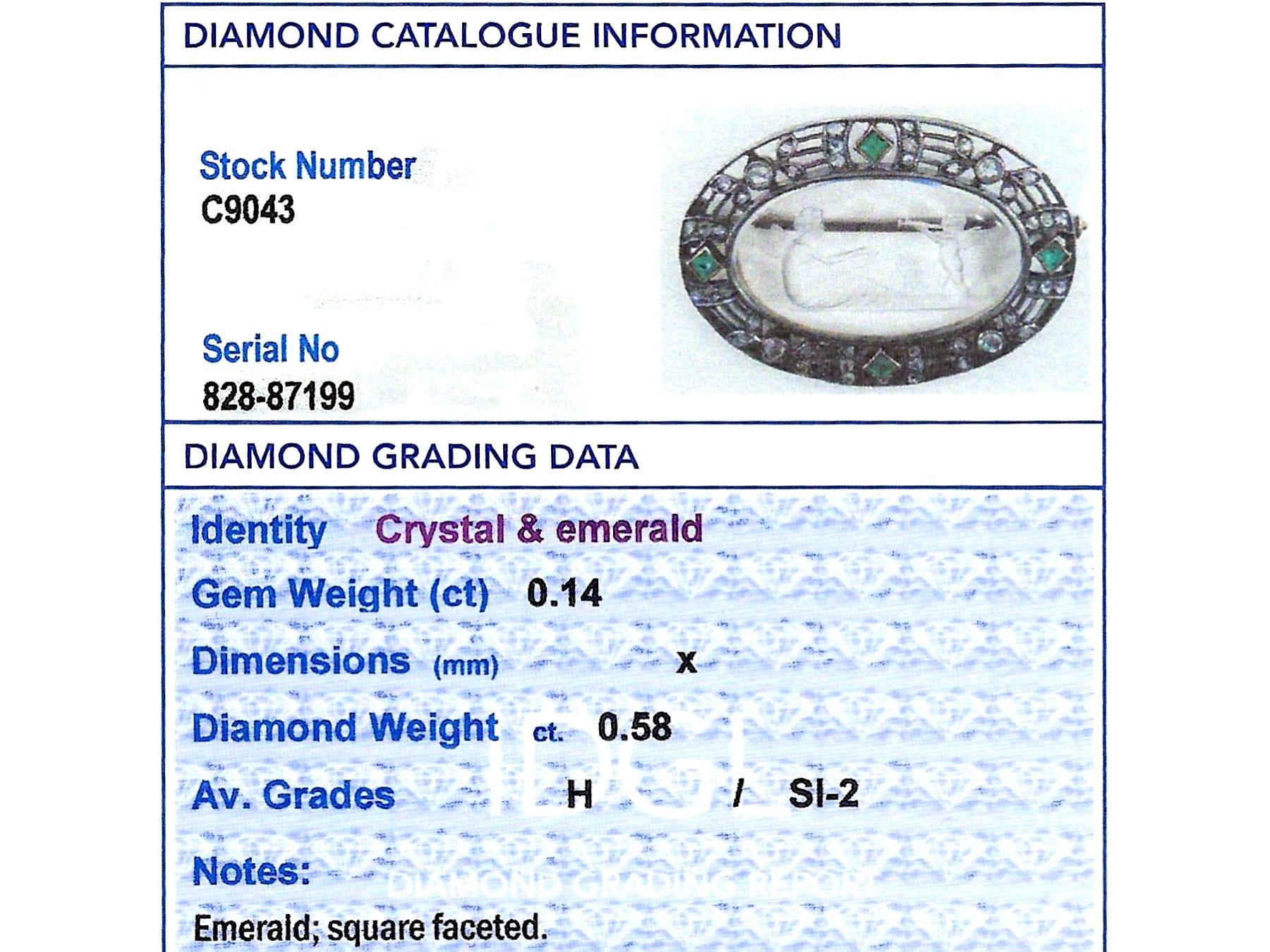 Antique Crystal, 0.14 Carat Emerald, 0.58 Carat Diamond 18k Yellow Gold Brooch For Sale 4
