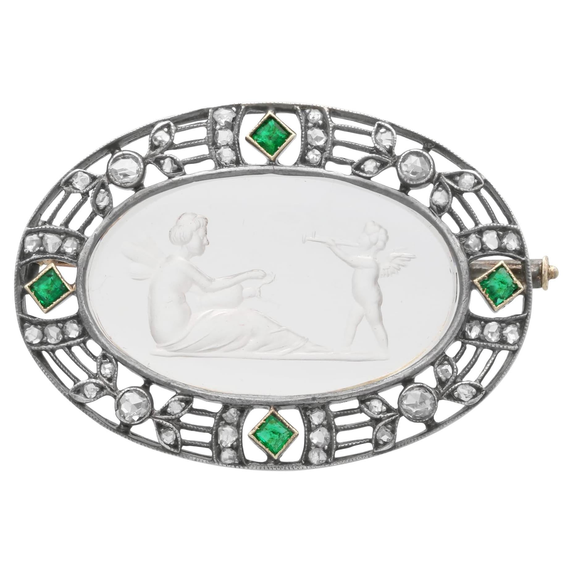 Antique Crystal, 0.14 Carat Emerald, 0.58 Carat Diamond 18k Yellow Gold Brooch For Sale