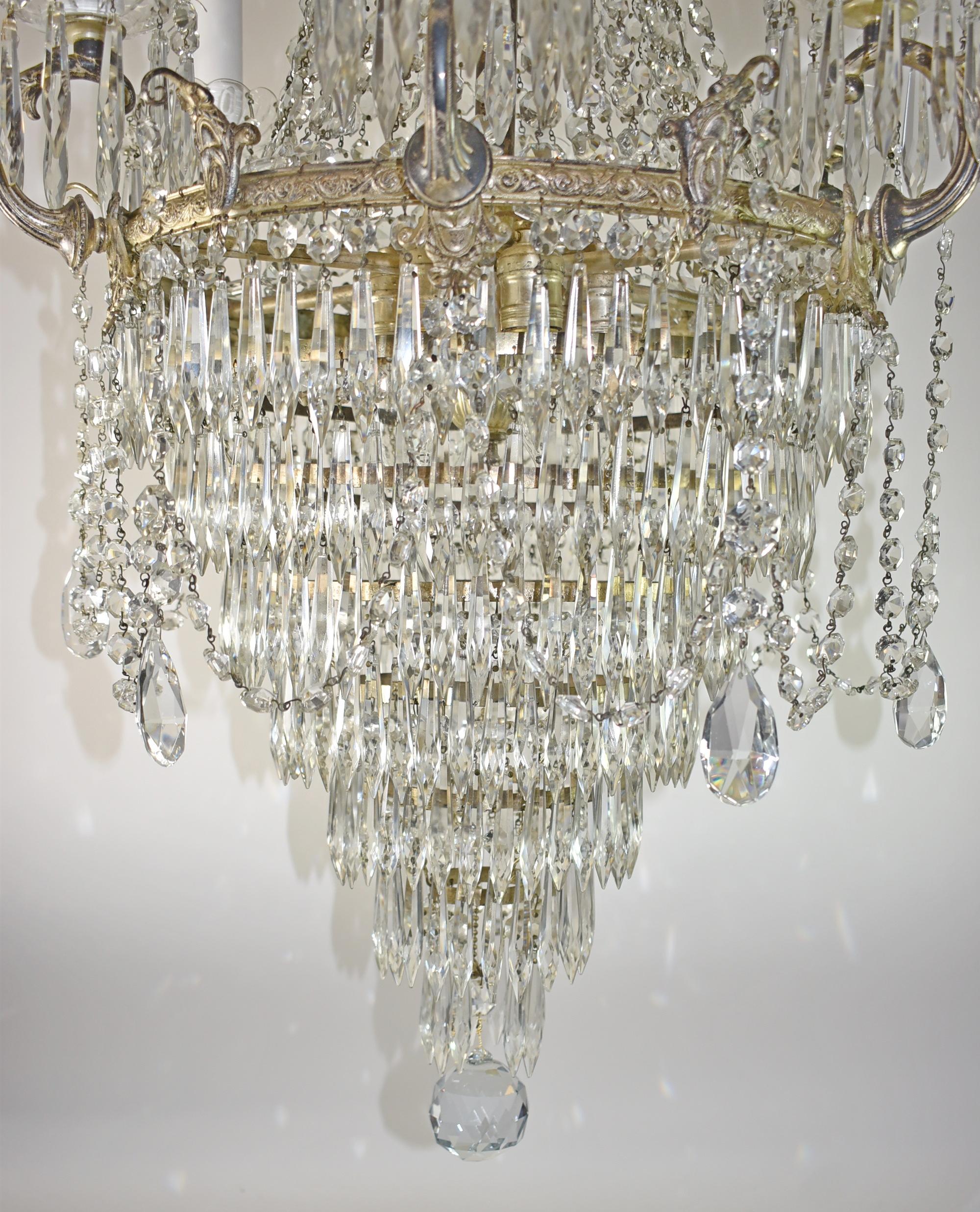 20th Century Antique Crystal and Brass Chandelier For Sale