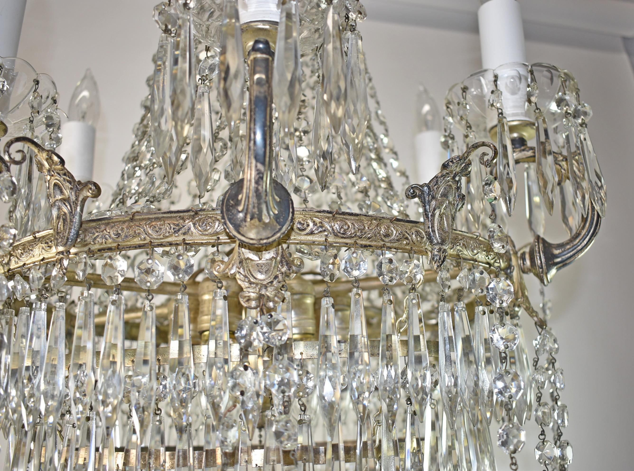 Antique Crystal and Brass Chandelier For Sale 2