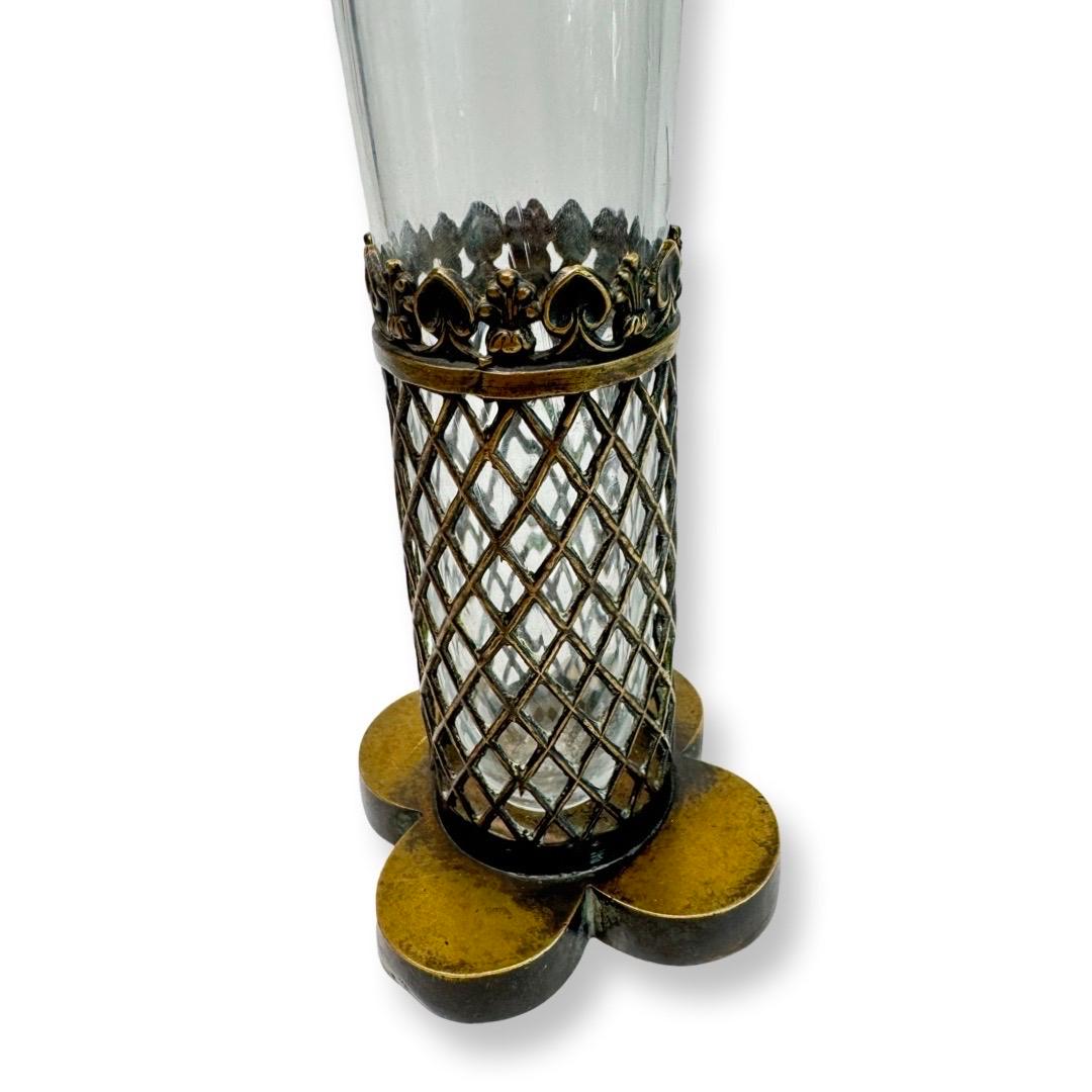 French Antique Crystal and Bronze Flask, Neo-Gothic Style, Charles X Era, 19th Century For Sale