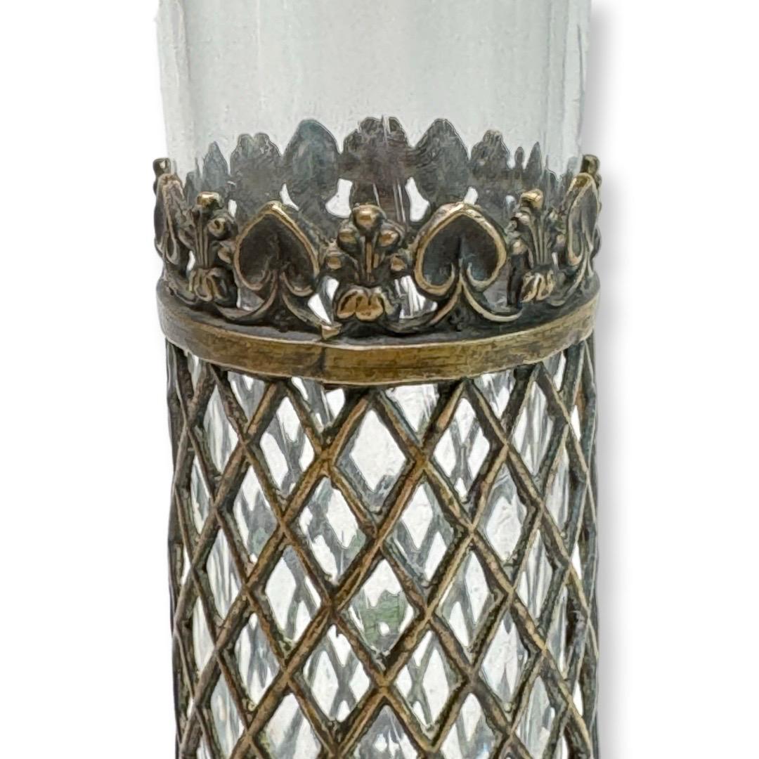 Patinated Antique Crystal and Bronze Flask, Neo-Gothic Style, Charles X Era, 19th Century For Sale