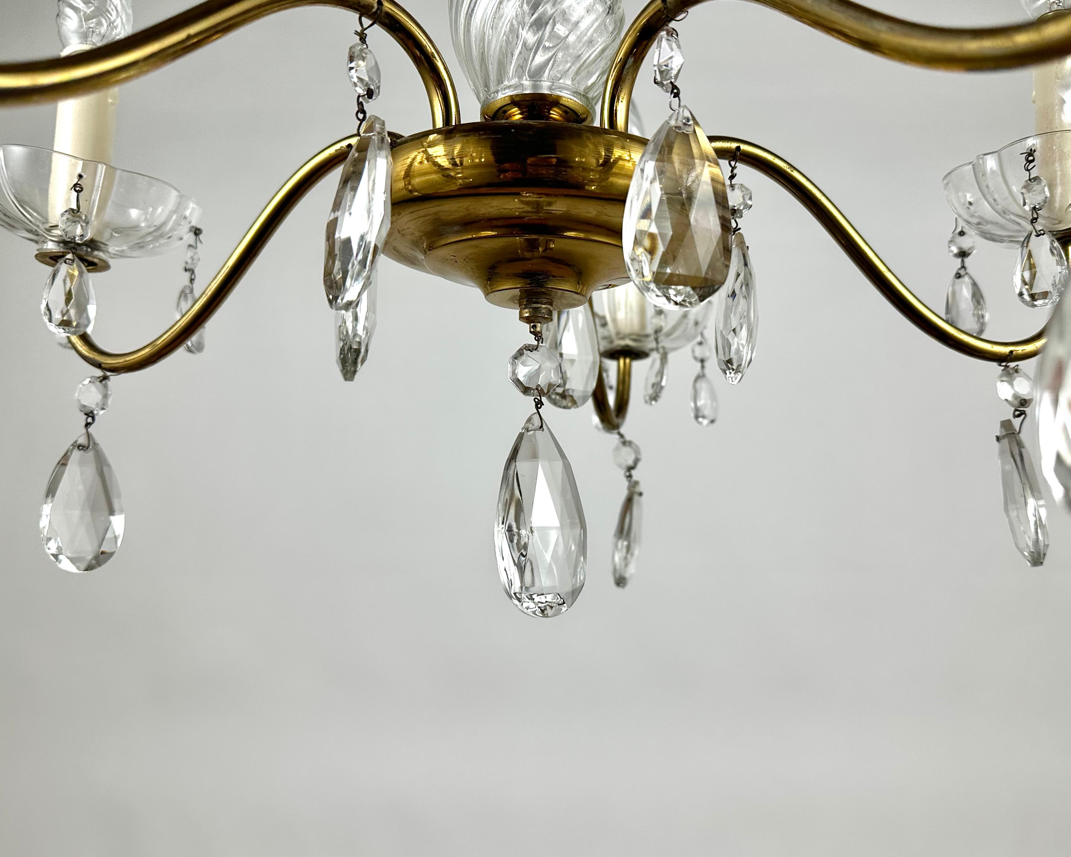 French Antique Crystal and Gilt Brass Chandelier 1920s, France For Sale