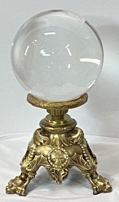 Antique Crystal Ball on Solid Brass Gothic Style Base