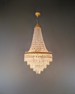 Lustre ancien en forme de panier en cristal, style Empire, en laiton, 4 lumières, circa 1920