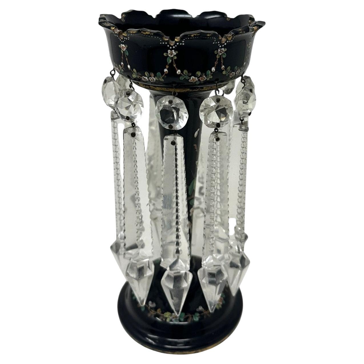 Antico vaso portacandele in cristallo di Boemia con smalto dorato nero in vendita