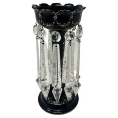Antique Crystal Bohemian Black Gilt Enamel Lusters Lustres Candlestick Vase