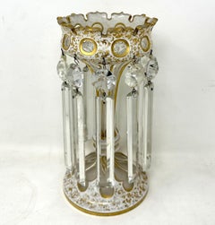 Antique Crystal Bohemian Cream Gilt Enamel Lusters Lustres Candlestick Vase