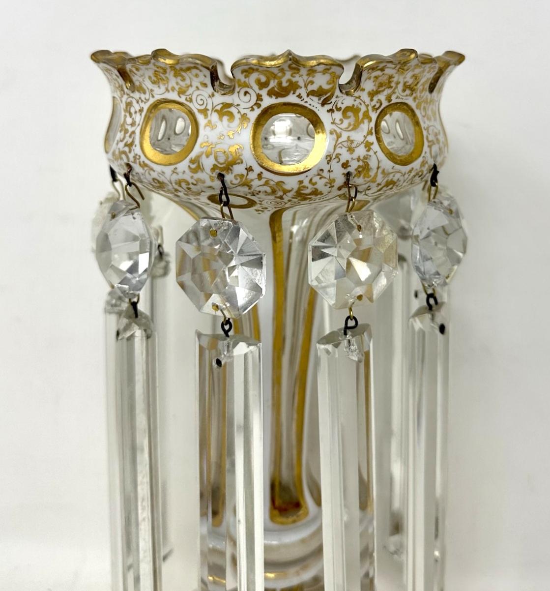 Art Nouveau Antique Crystal Bohemian Cream Gilt Enamel Lusters Lustres Candlestick Vase For Sale