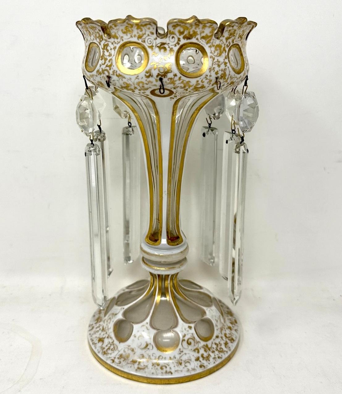 Hand-Crafted Antique Crystal Bohemian Cream Gilt Enamel Lusters Lustres Candlestick Vase For Sale