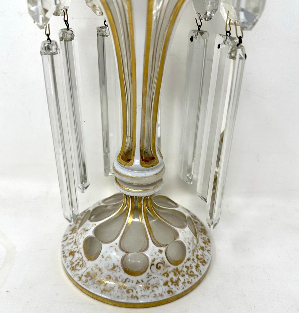 Hand-Crafted Antique Crystal Bohemian Cream Gilt Enamel Lusters Lustres Candlestick Vase For Sale
