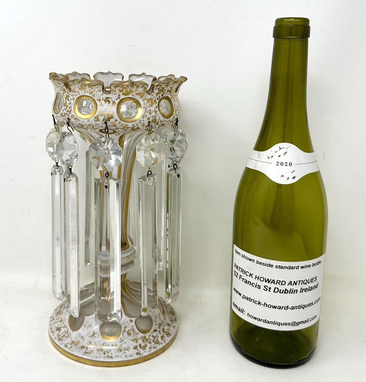19th Century Antique Crystal Bohemian Cream Gilt Enamel Lusters Lustres Candlestick Vase For Sale