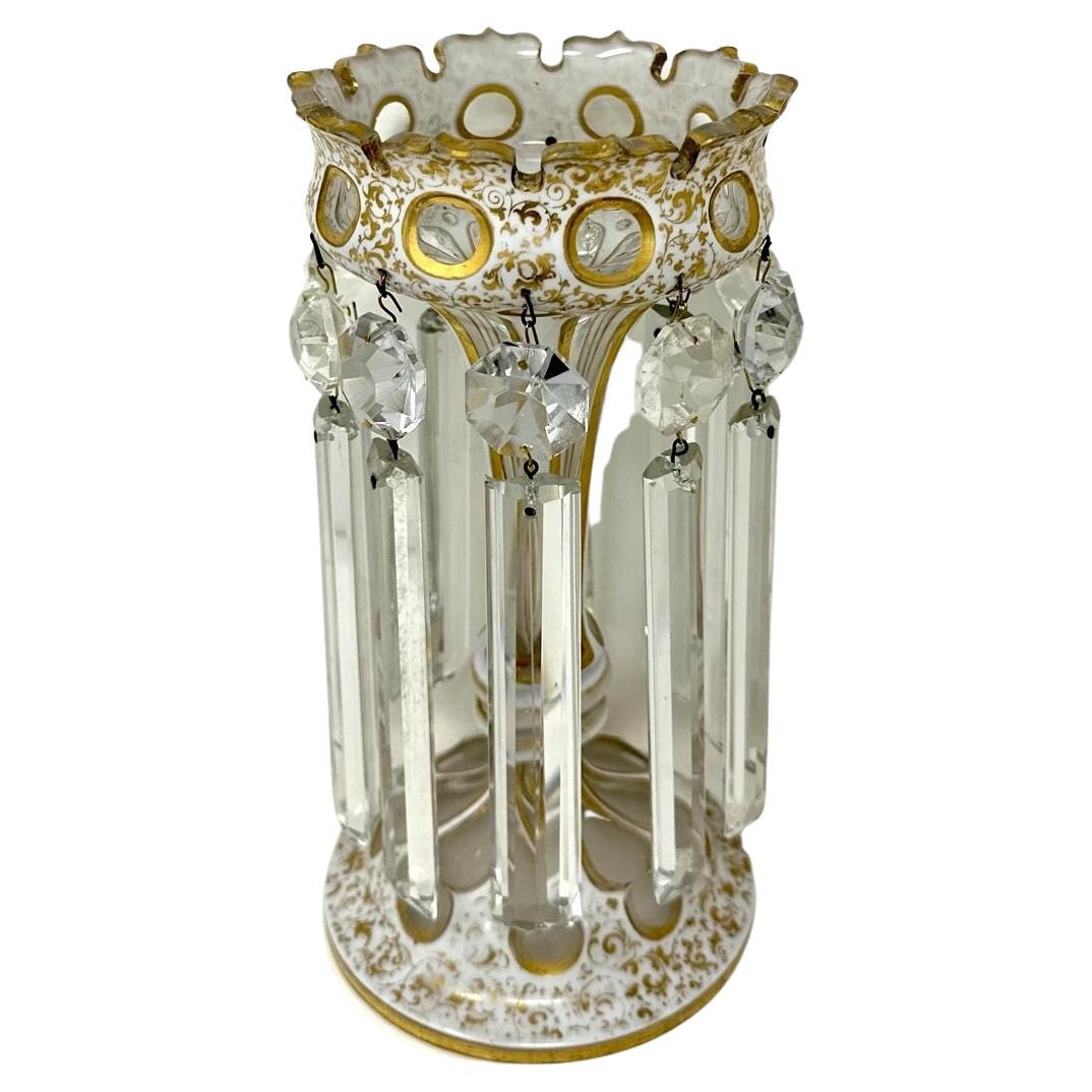 Antique Crystal Bohemian Cream Gilt Enamel Lusters Lustres Candlestick Vase For Sale