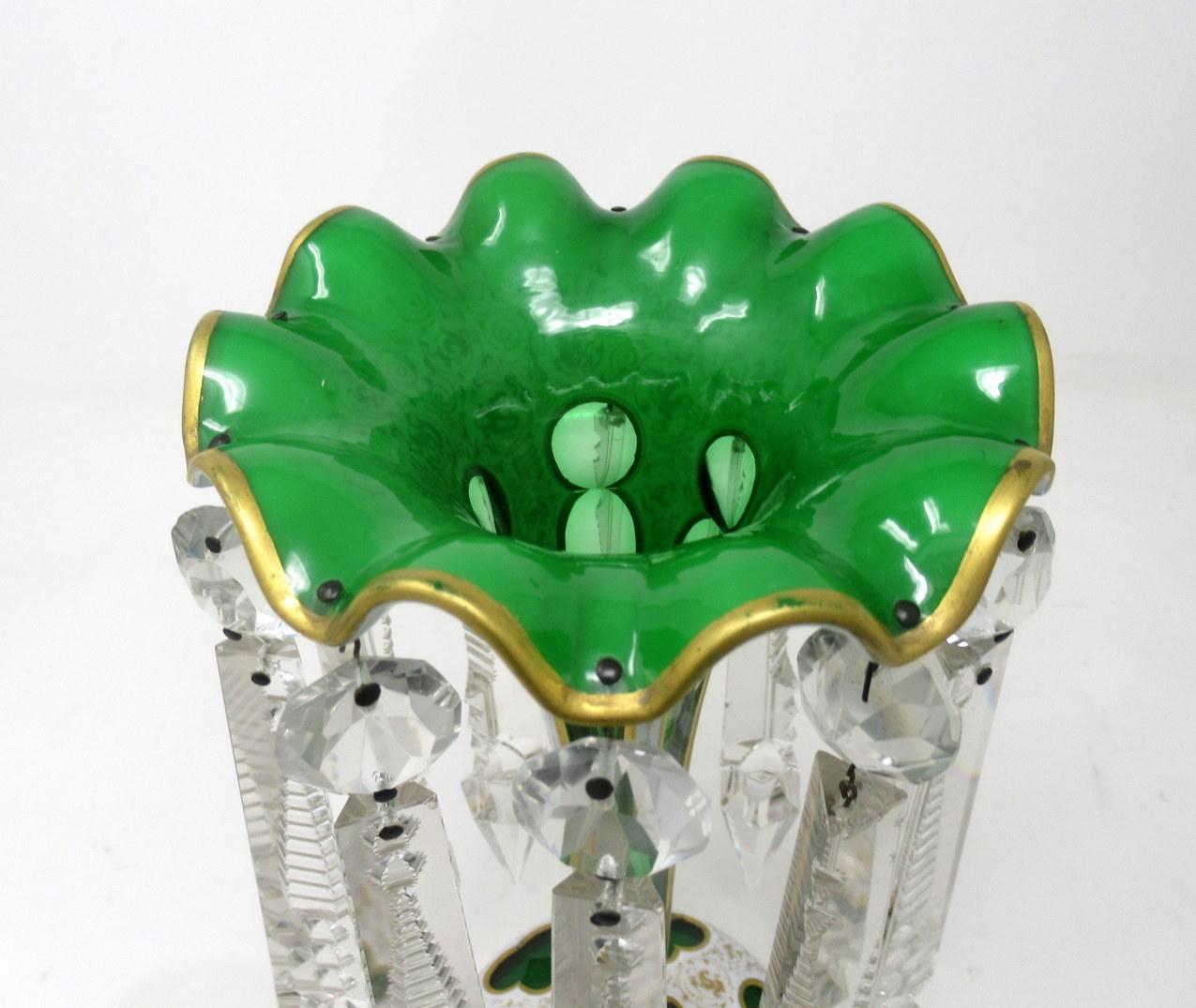 Art Nouveau Antique Crystal Bohemian Emerald Green Enamel Pair Lusters Lustres Candlesticks