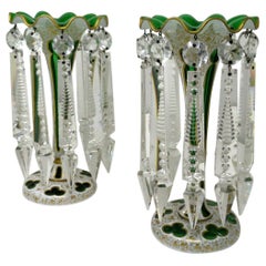 Antique Crystal Bohemian Emerald Green Enamel Pair Lusters Lustres Candlesticks