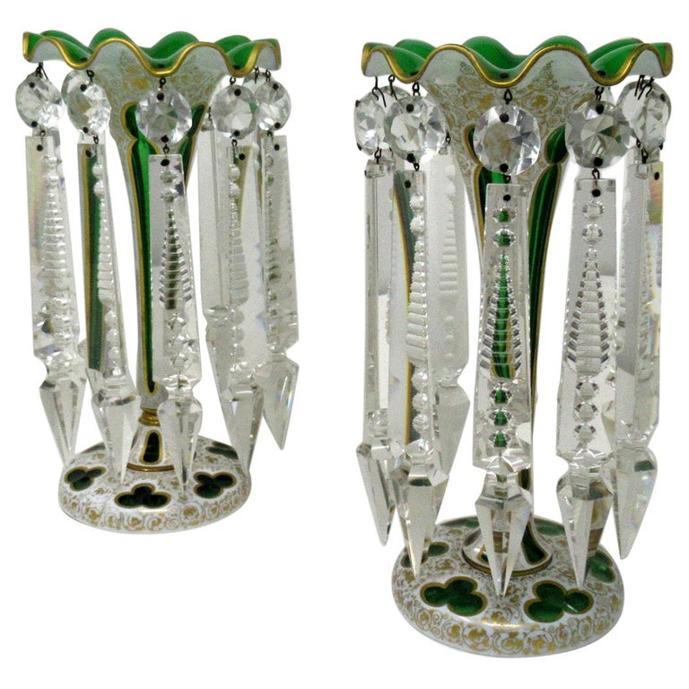 Antique Crystal Bohemian Emerald Green Enamel Pair Lusters Lustres  Candlesticks at 1stDibs | crystal lustres, bohemian candlesticks, crystal  lustres for sale
