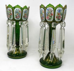 Antique Crystal Bohemian Emerald Green Enamel Pair Overlaid Lusters Candlesticks