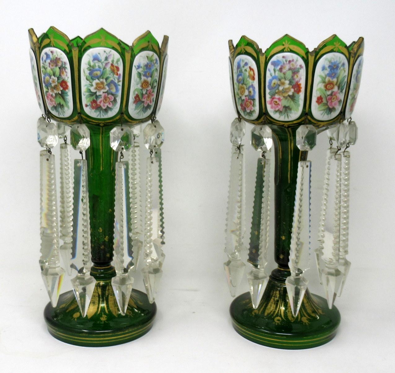 Art Nouveau Antique Crystal Bohemian Emerald Green Enamel Pair Overlaid Lusters Candlesticks For Sale