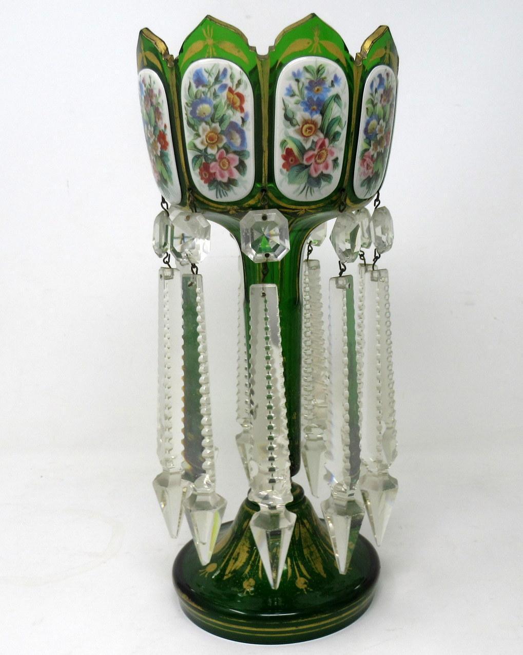 Czech Antique Crystal Bohemian Emerald Green Enamel Pair Overlaid Lusters Candlesticks For Sale