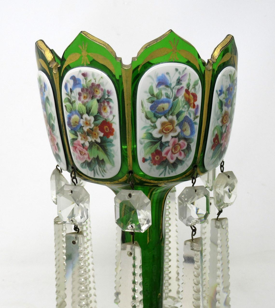 Antique Crystal Bohemian Emerald Green Enamel Pair Overlaid Lusters Candlesticks In Good Condition For Sale In Dublin, Ireland