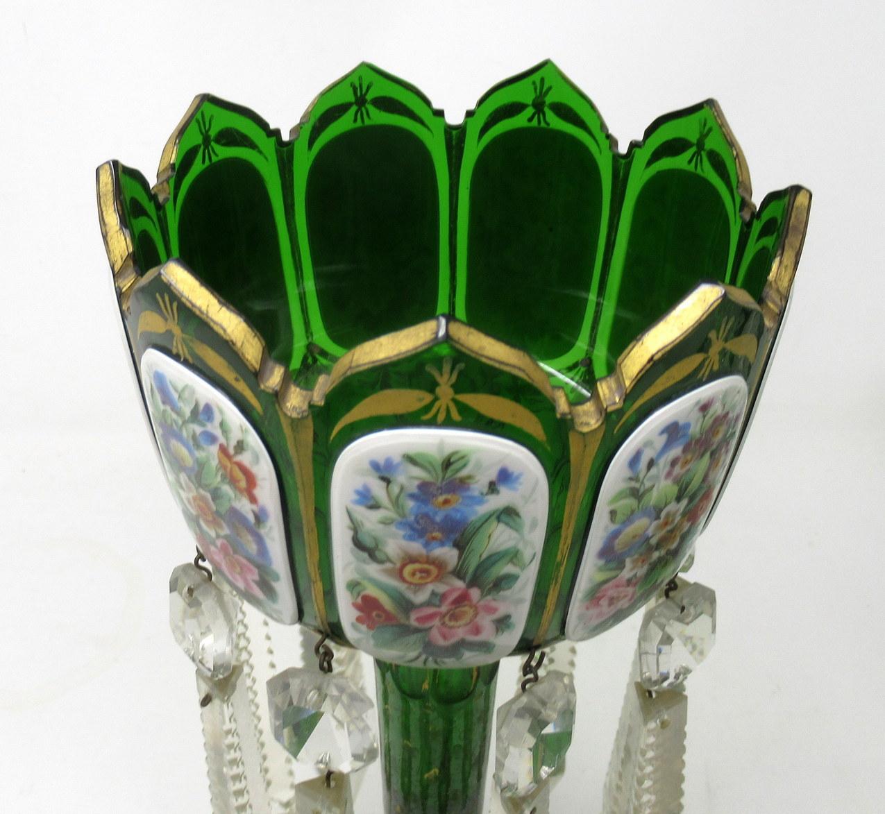 19th Century Antique Crystal Bohemian Emerald Green Enamel Pair Overlaid Lusters Candlesticks For Sale