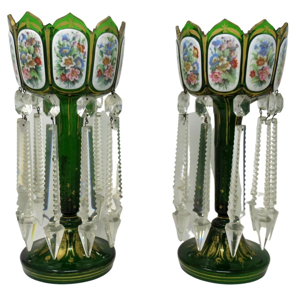 Antique Crystal Bohemian Emerald Green Enamel Pair Overlaid Lusters Candlesticks For Sale