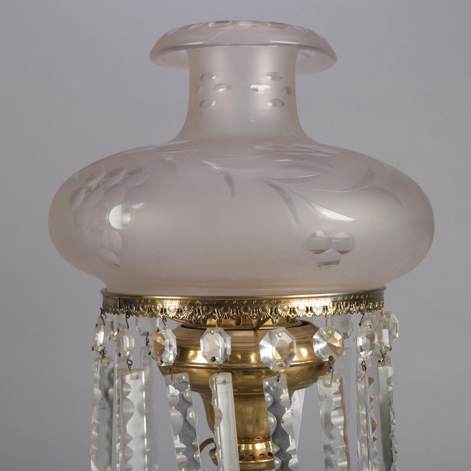 American Antique Crystal & Brass J.G. Webb Electrified Solar Lamp with Prisms, circa 1840