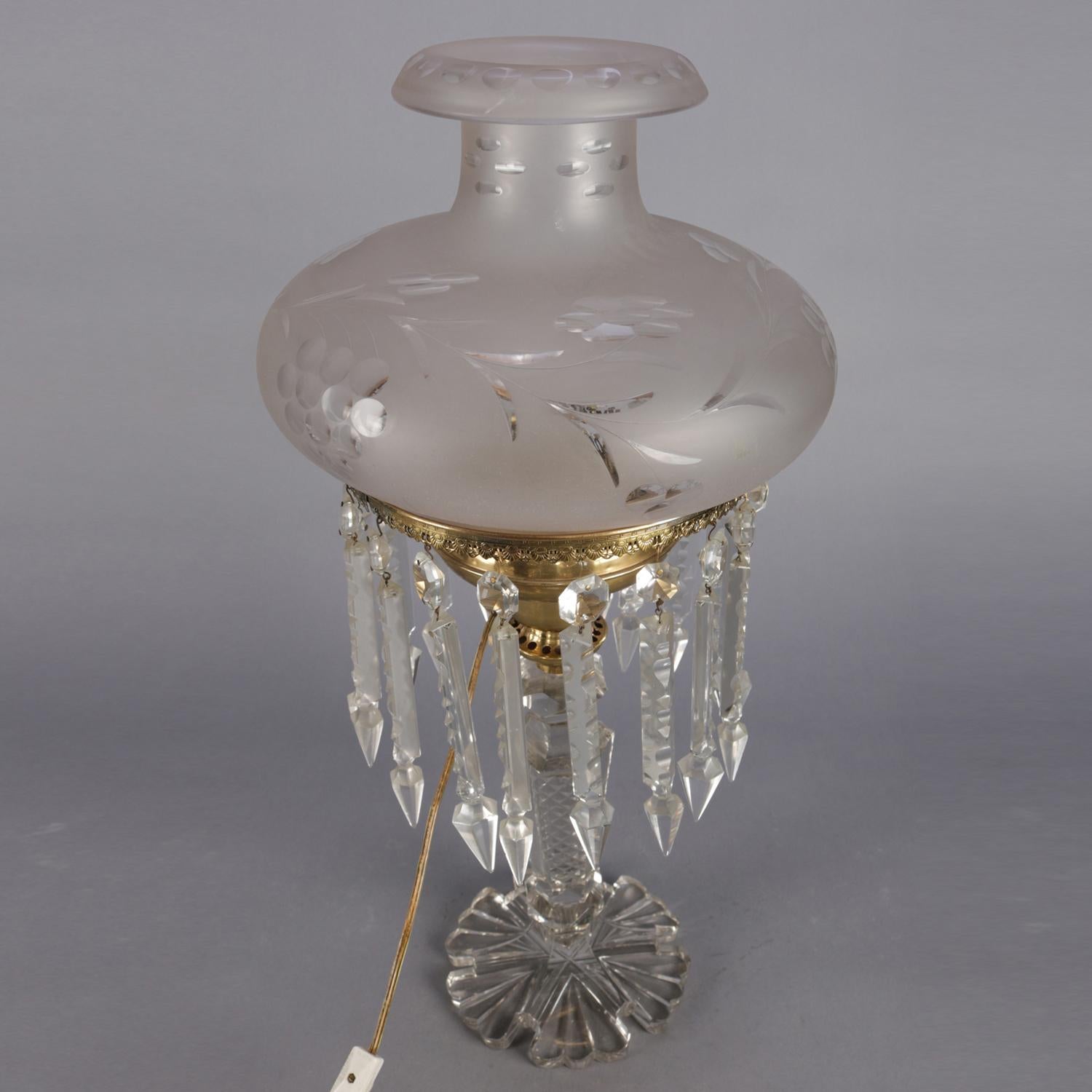 Frosted Antique Crystal & Brass J.G. Webb Electrified Solar Lamp with Prisms, circa 1840