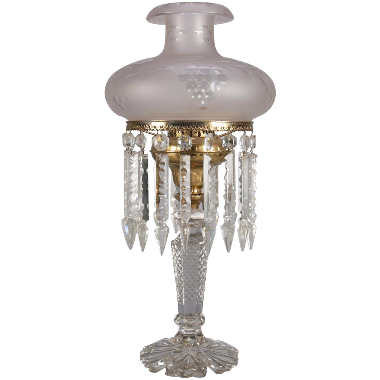 Antique Crystal & Brass J.G. Webb Electrified Solar Lamp with Prisms, circa 1840