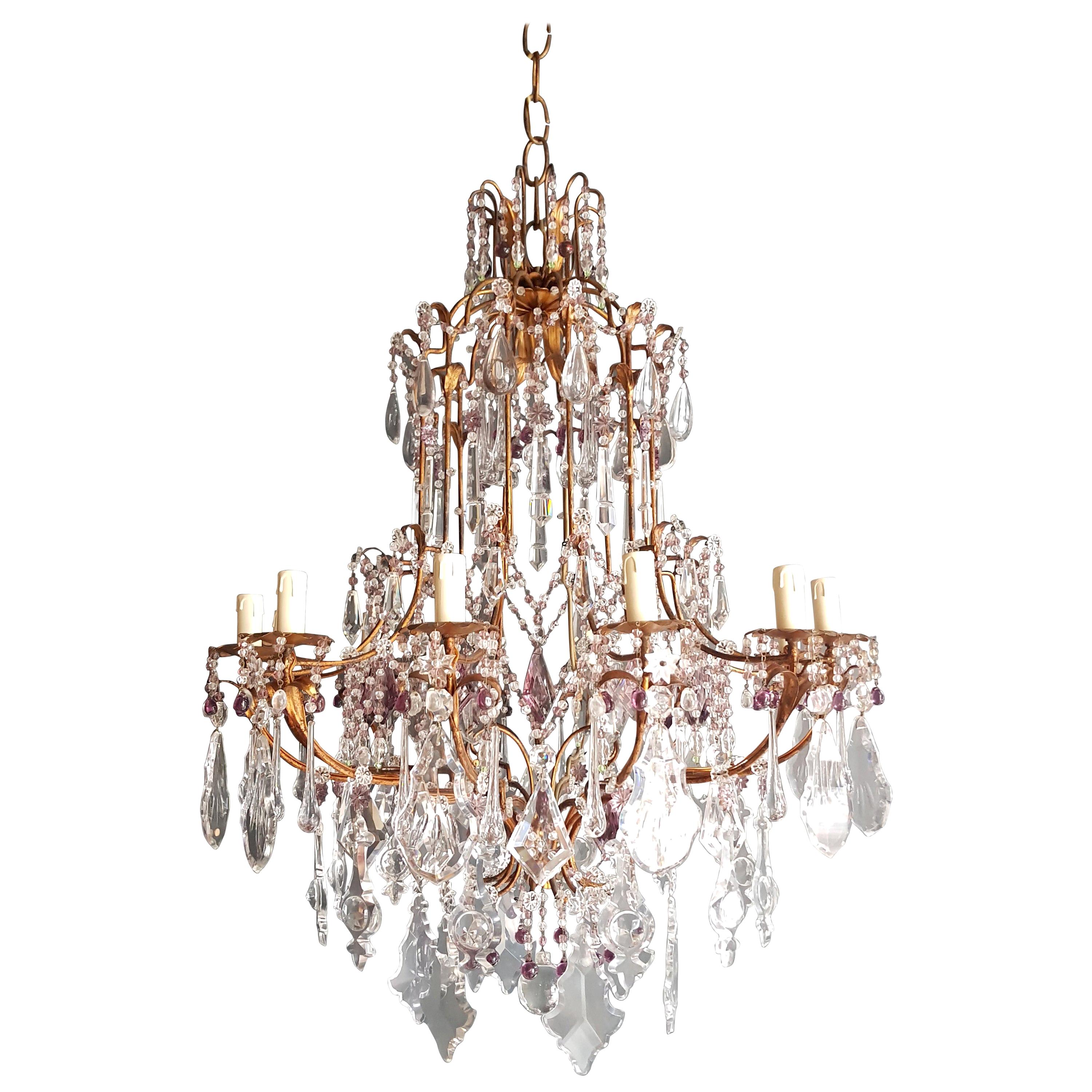 Crystal chandelier antique ceiling lamp Murano Florentiner lustre Art Nouveau.

Measures: Total height 140 cm, height without chain 105 cm, diameter 80 cm. Weight (approximately): 28kg.

Number of lights: Twelve-light bulb sockets: eight x E14