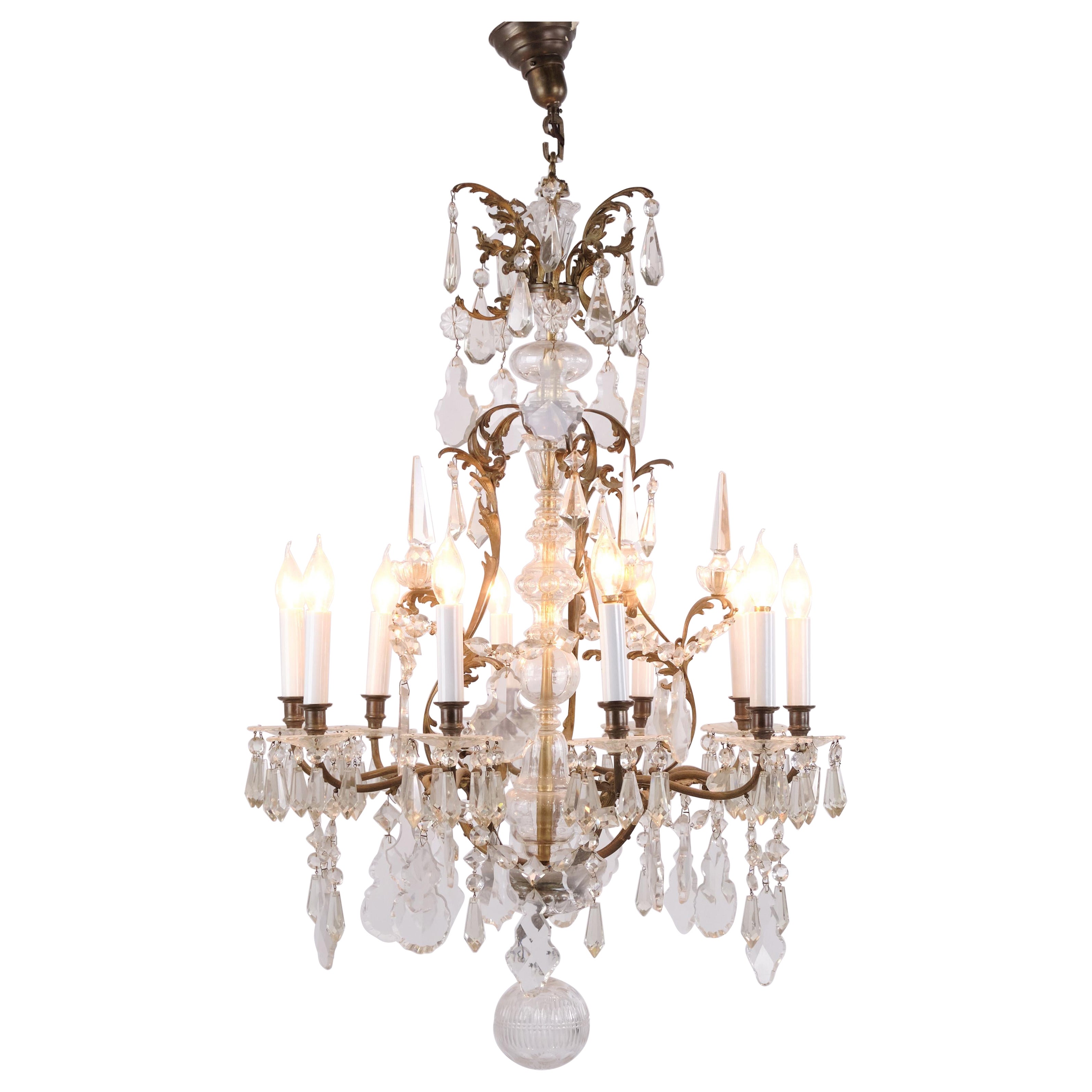 Antique Crystal Chandelier in Gilt Bronze with Louvre Style Decorations 1920s