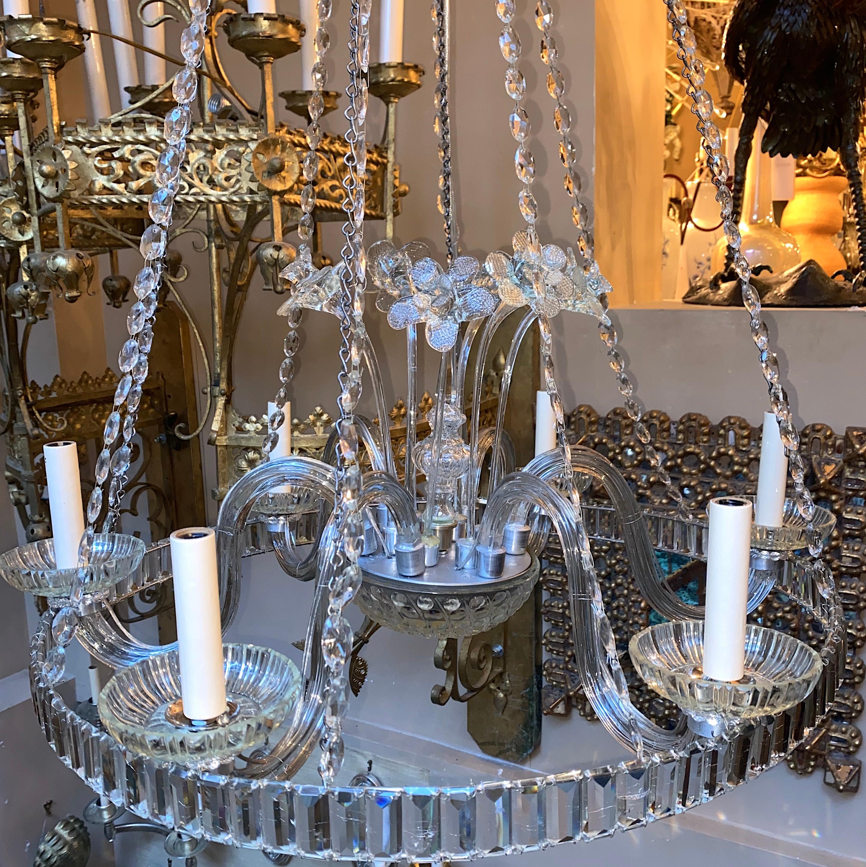 English Antique Crystal Chandelier with Glass Flowers For Sale
