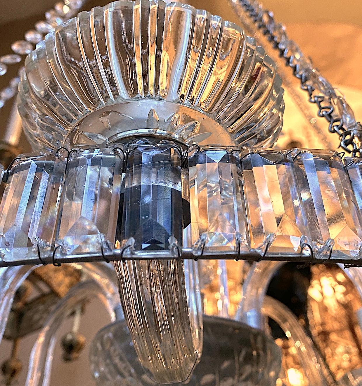 Etched Antique Crystal Chandelier with Glass Flowers For Sale
