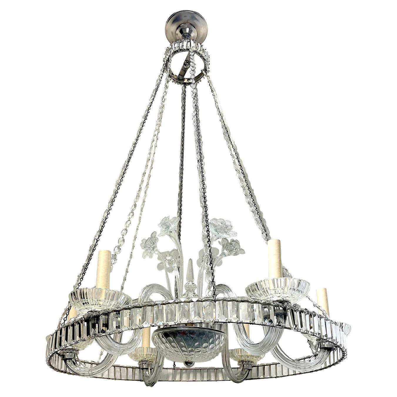 Antique Crystal Chandelier with Glass Flowers