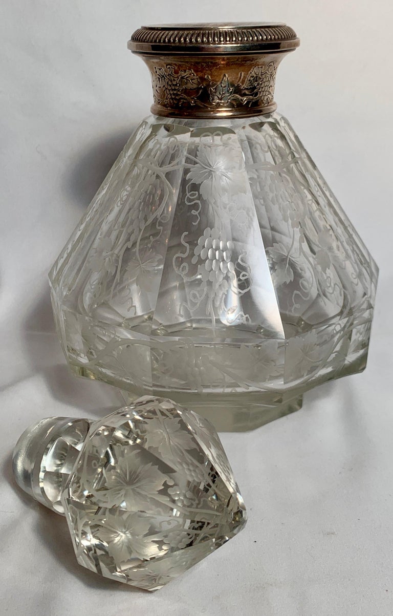 Exceptional Antique Etched Crystal Decanter with Silver Collar, circa