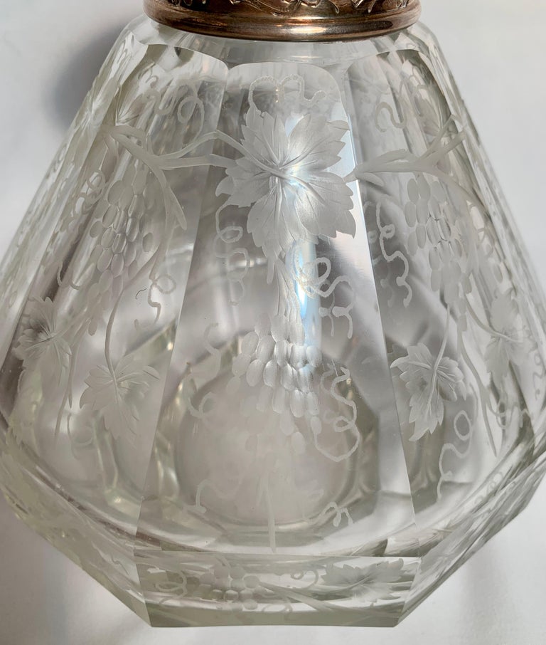 Exceptional Antique Etched Crystal Decanter with Silver Collar, circa