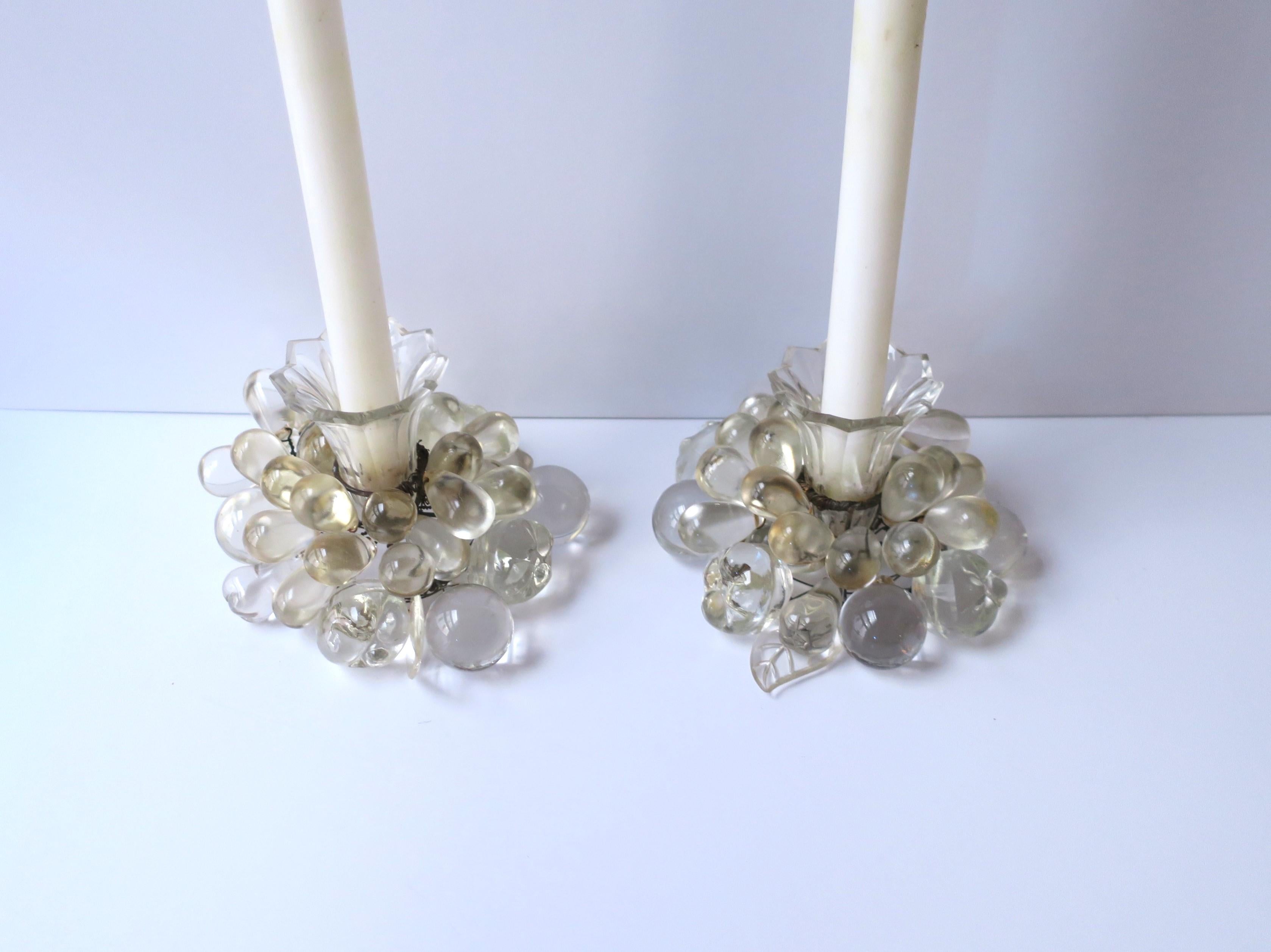 Czech Art Deco Crystal Fruit and Leaf Candlesticks Holders, Pair For Sale