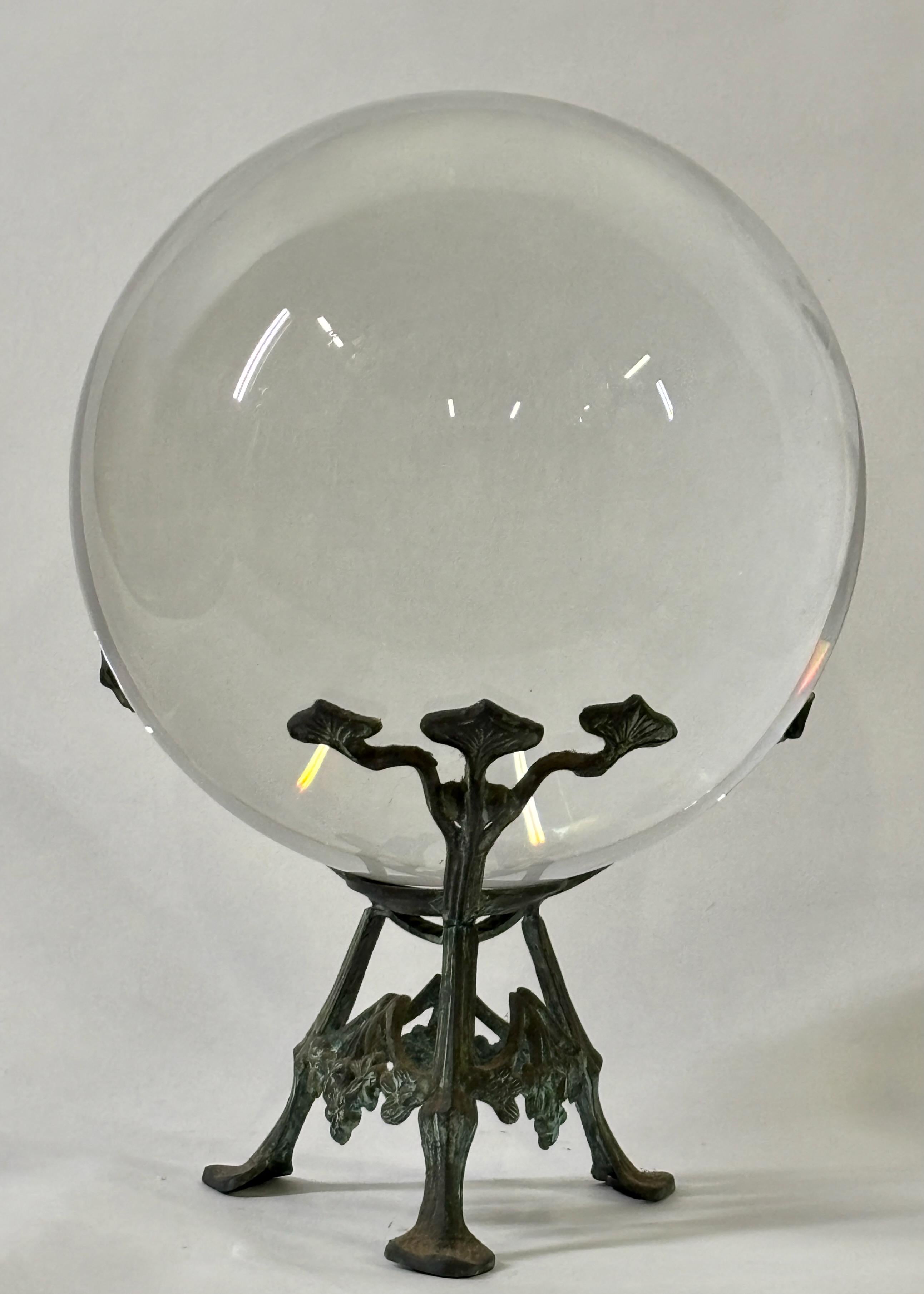 European Antique Crystal Glass Ball on Art Nouveau Bronze Stand