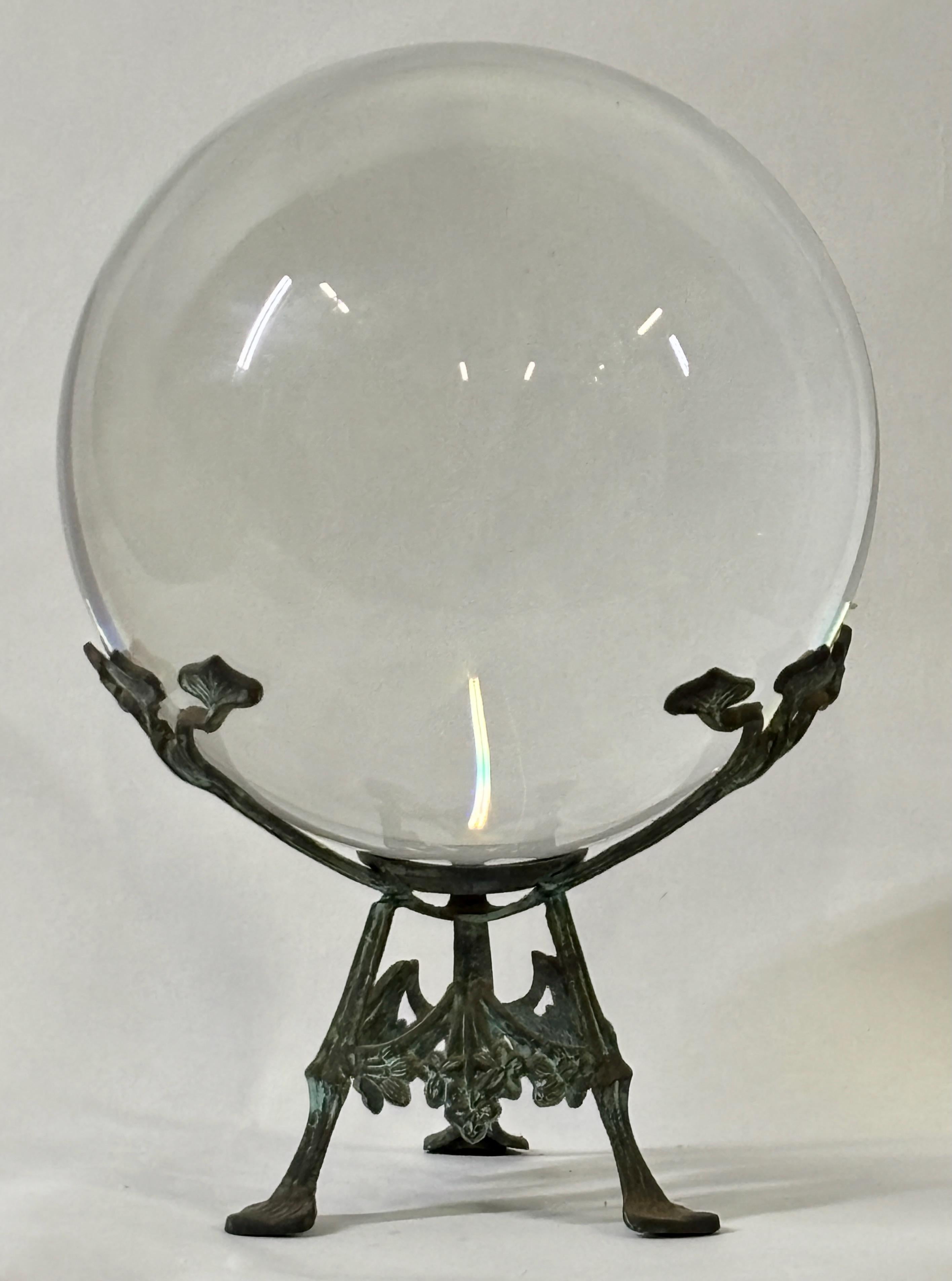 19th Century Antique Crystal Glass Ball on Art Nouveau Bronze Stand