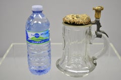 Antique Crystal Glass German Beer Stein Carved Horn Deer Scene Pewter Lid .5L