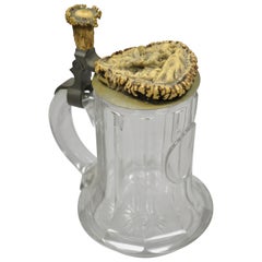 Antike Kristallglas deutsche Bierkrug geschnitzt Horn Hirsch Szene Zinn Deckel .5L
