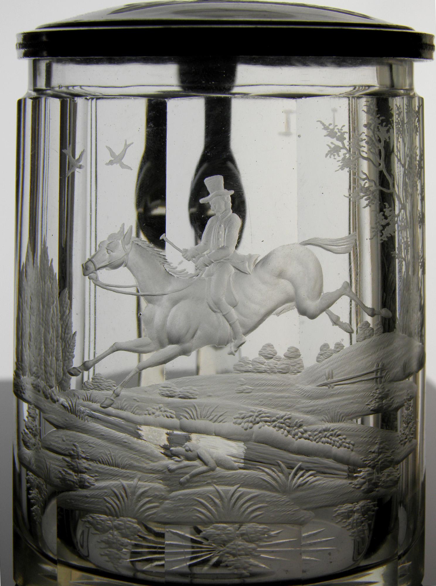 Antique Crystal Glass Goblet Hunting Motive Rider on Horseback, 19th Century 1