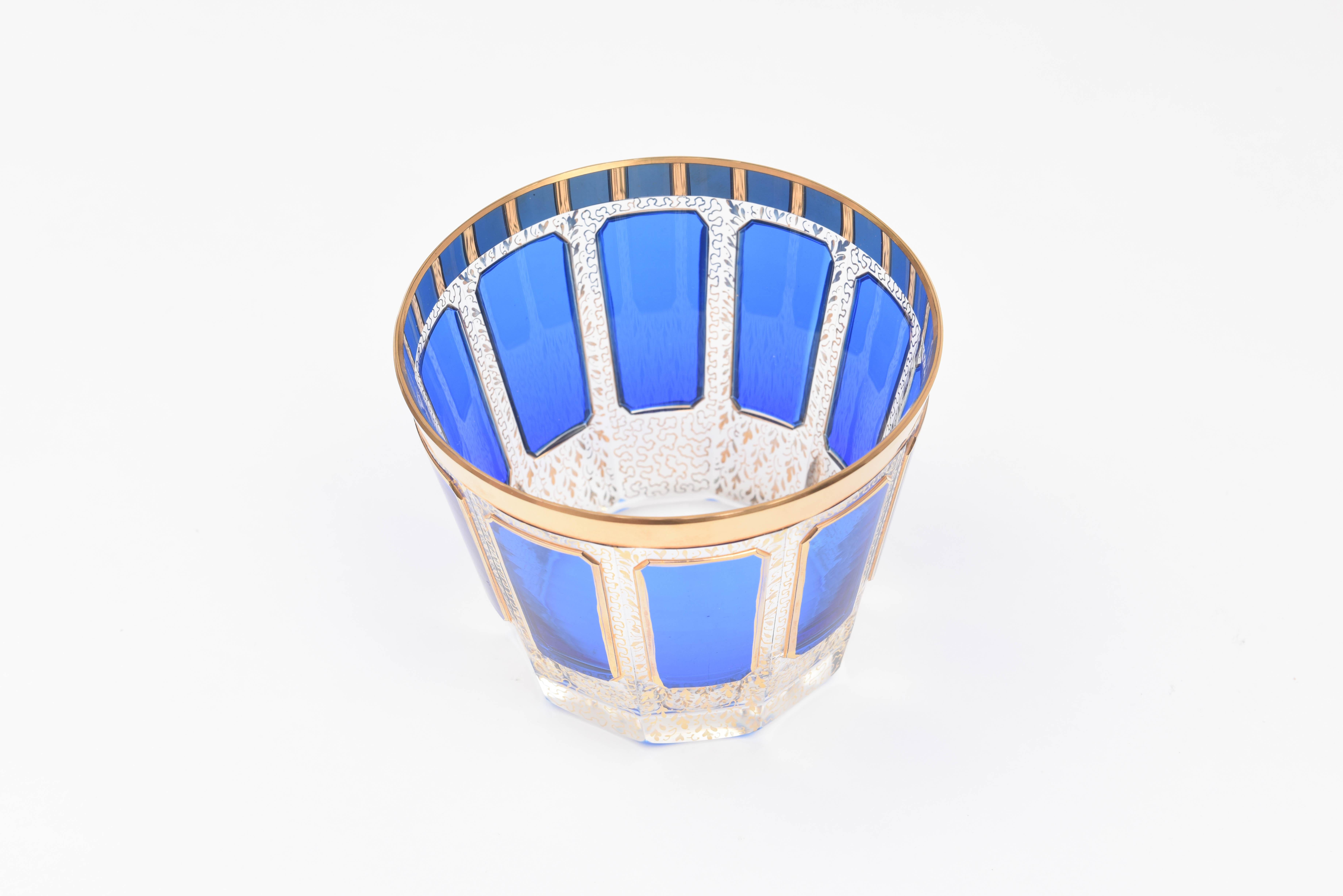 Czech Antique Crystal Ice Bucket, Moser or Moser Style Cobalt Panel Glass and Gold