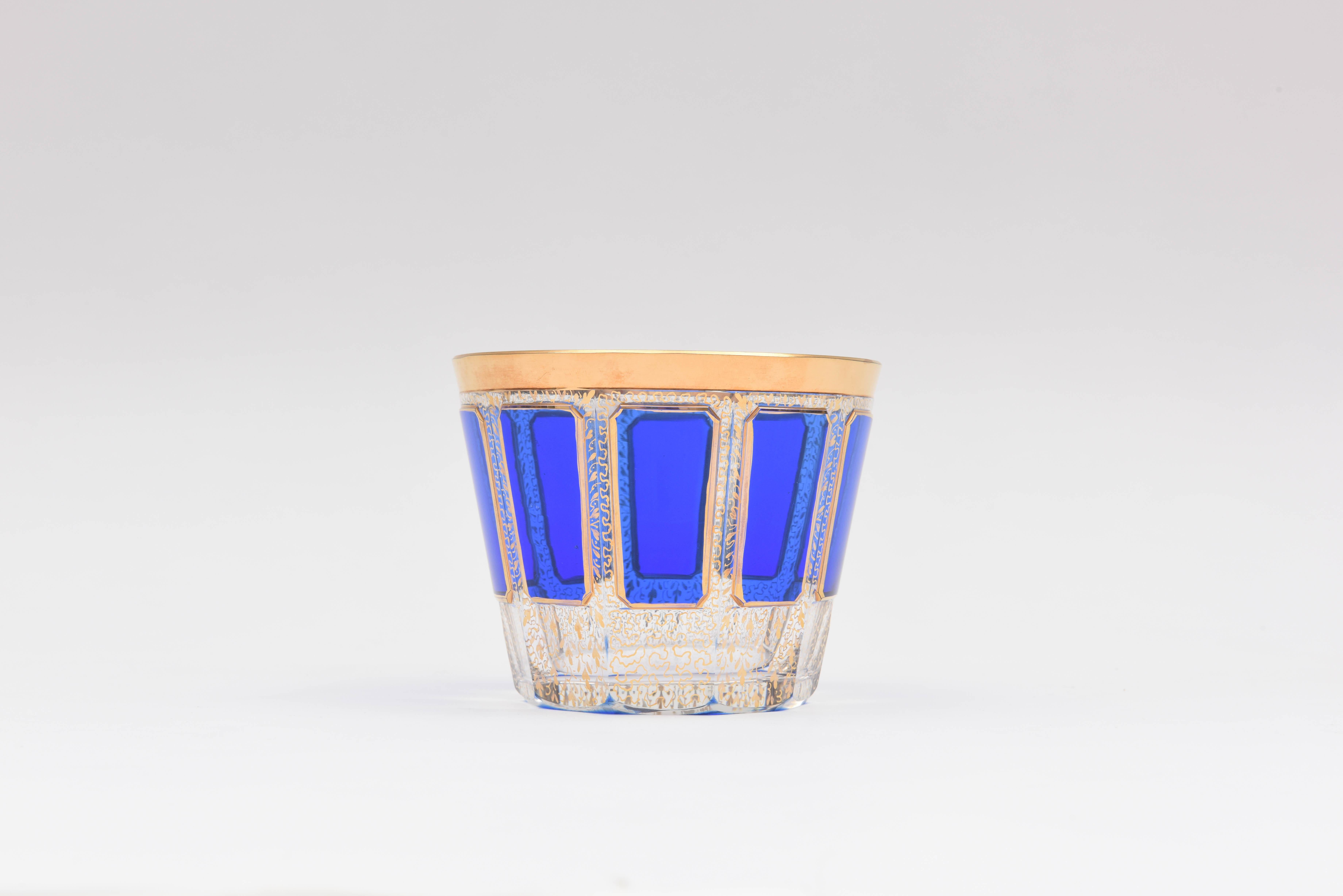 Antique Crystal Ice Bucket, Moser or Moser Style Cobalt Panel Glass and Gold In Good Condition In West Palm Beach, FL