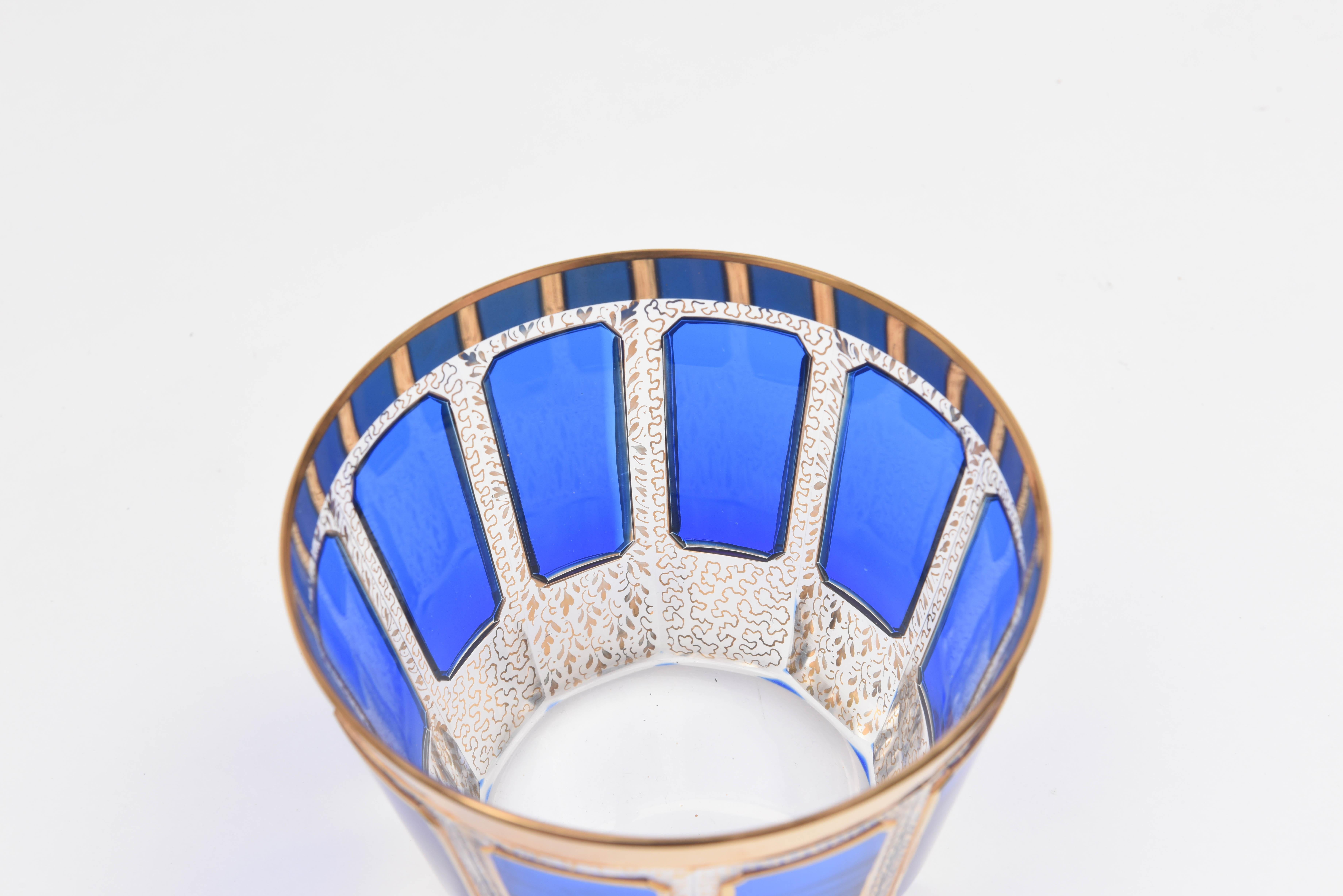 Mid-20th Century Antique Crystal Ice Bucket, Moser or Moser Style Cobalt Panel Glass and Gold