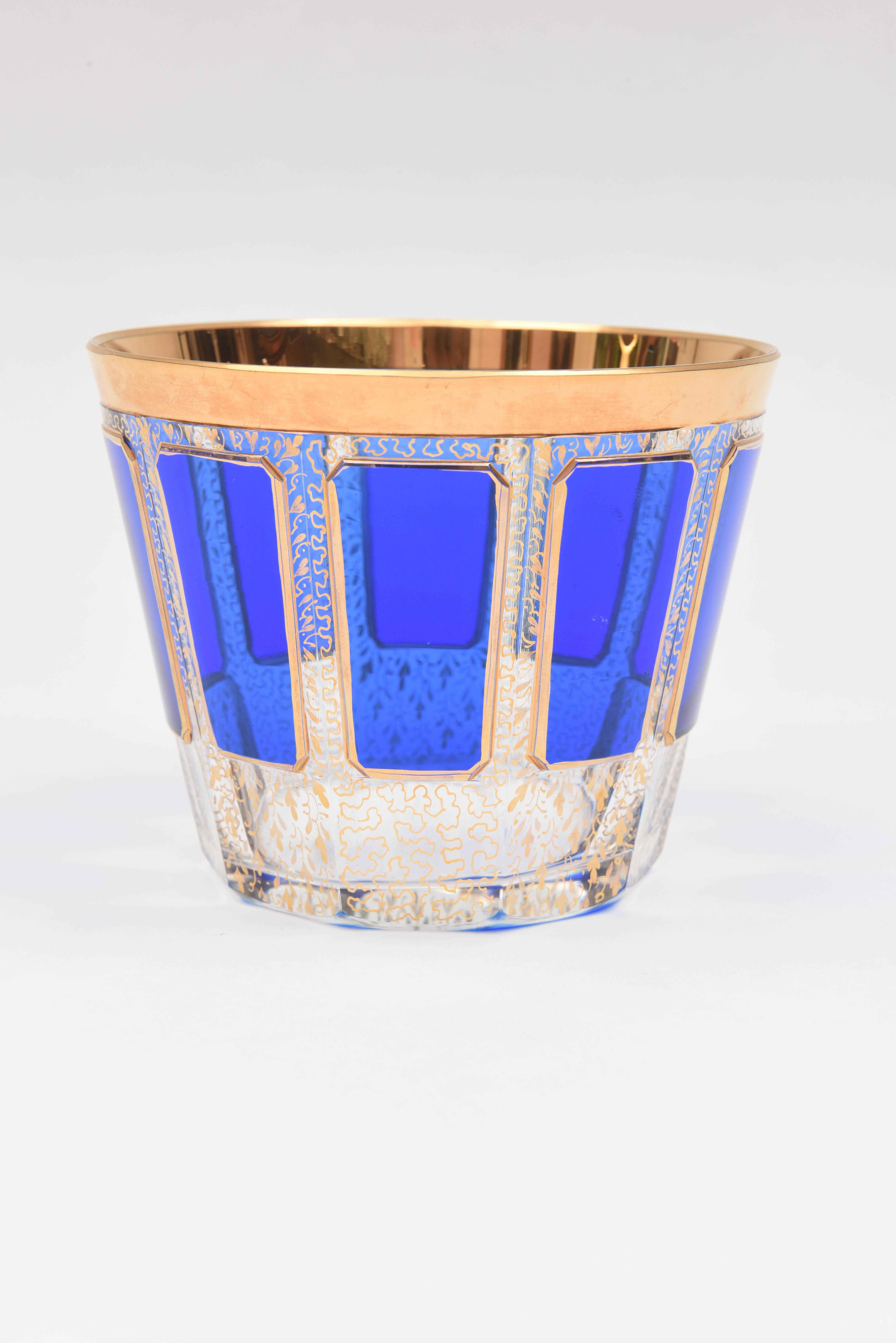 Antique Crystal Ice Bucket, Moser or Moser Style Cobalt Panel Glass and Gold 3